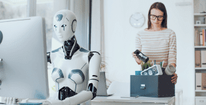 A professional learning or working with AI technology, adapting to the changing tech job market by acquiring essential AI skills for career growth and stability.