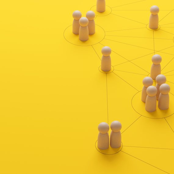 Human resource management and recruitment business. Social network connection. Group society communication. Wooden people with struture on yellow background. 3d rendering
