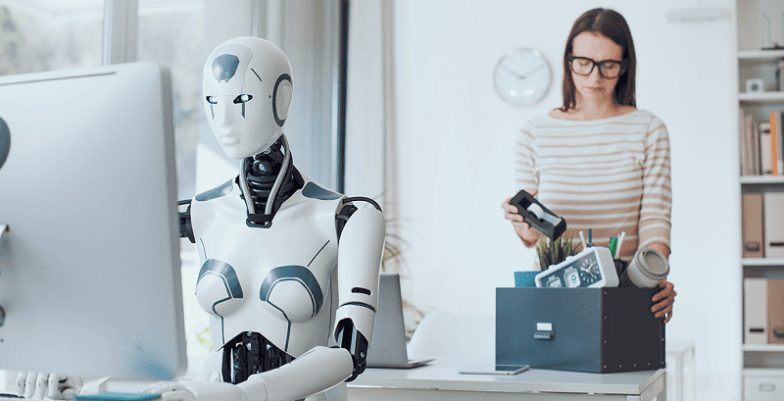 A professional learning or working with AI technology, adapting to the changing tech job market by acquiring essential AI skills for career growth and stability.
